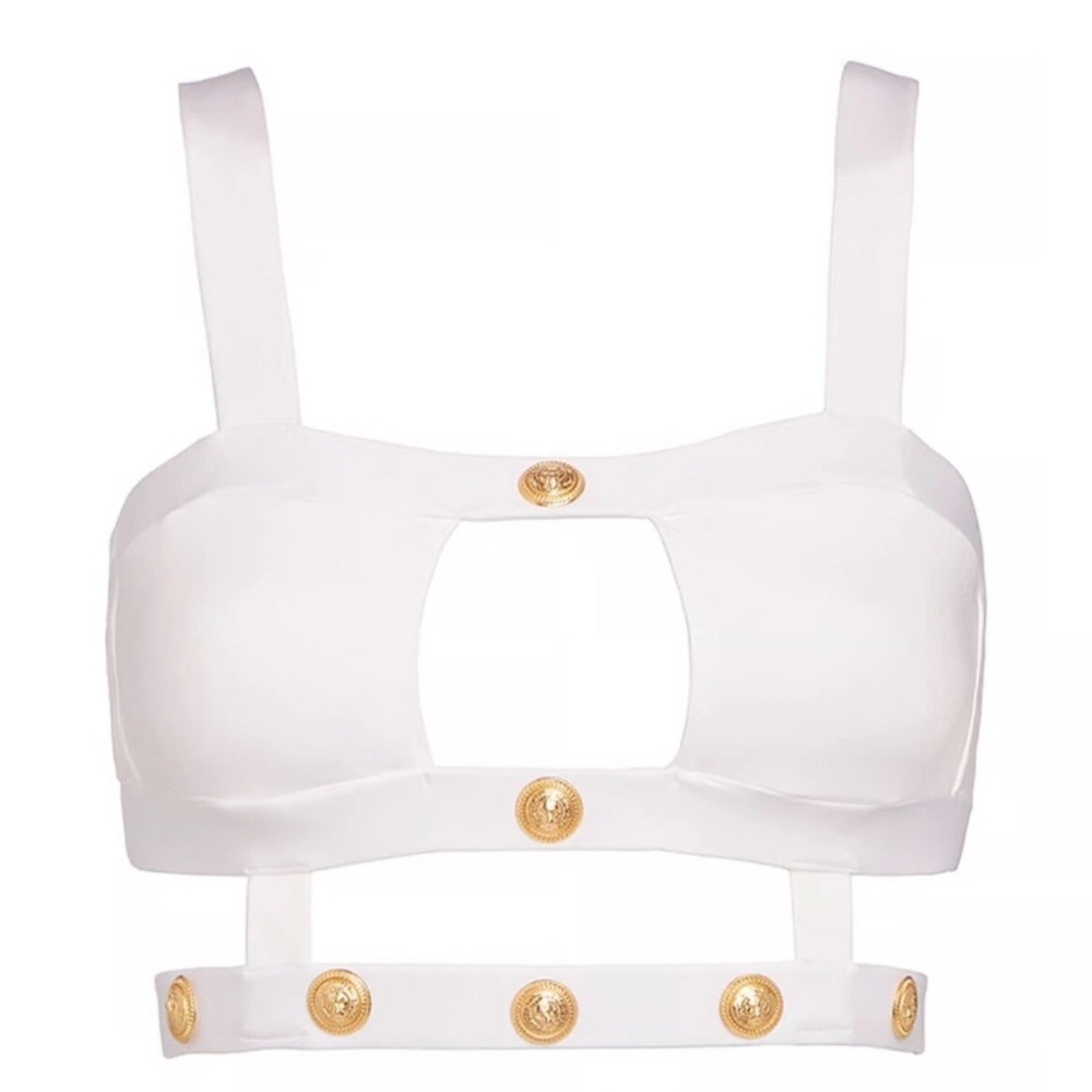 Cut out bikini top Monica Hansen White Strappy Women Swimwear small gold buttons - Picture 2 of 3